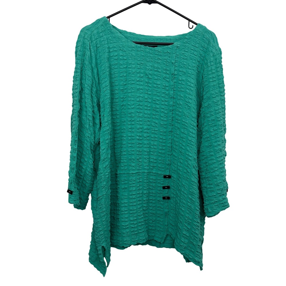 Ali Miles Top Womens Large Green Textured Asymmetric Hem 3/4 Sleeve Blouse